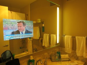 TV in the bathroom at the Donetello Hotel, SF.